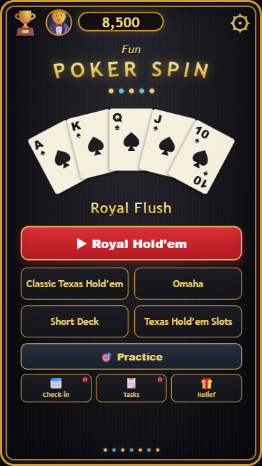 Fun Poker Spin golden cabinet lobby with the game menu