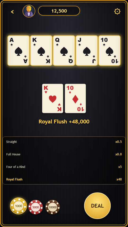 Royal Hold'em table paying out a Royal Flush with betting chips