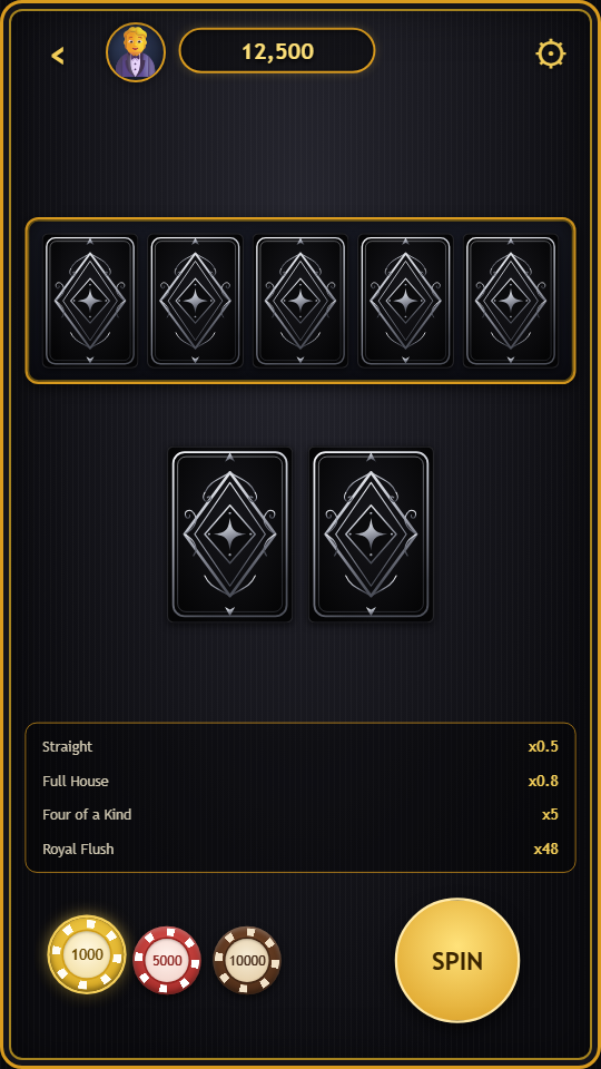 Texas Slots screen with a 1 by 5 reel, hole cards and betting chips